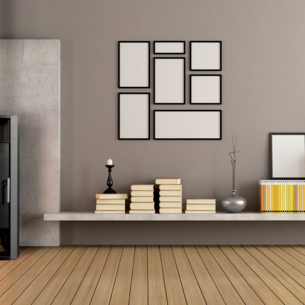 Empty living room with modern fireplace - rendering